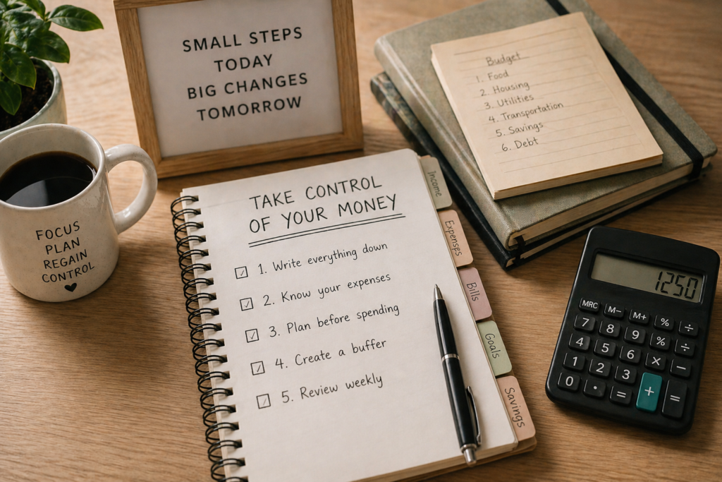 organize finances when money is tight using a simple budgeting notebook and calculator